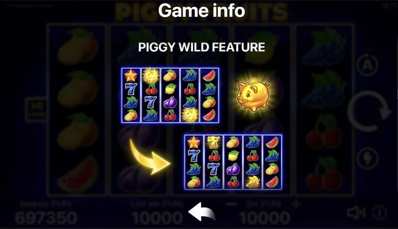 Piggy Fruits – spēles ekrāns ar 5x4 režģi un augļu simboliem